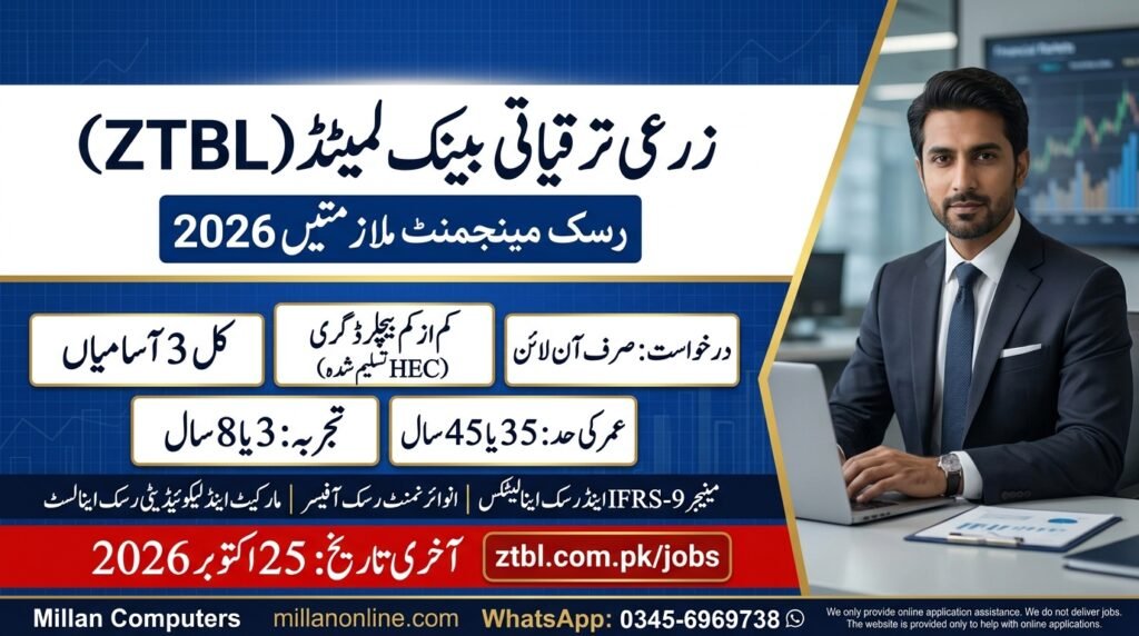 ZTBL risk jobs 2026 thumbnail listing three vacancies, the qualification and age summary and the 25 October deadline
